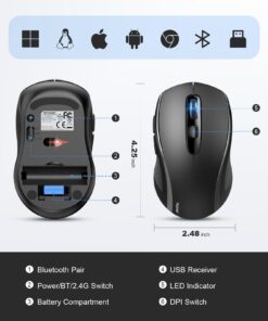 TECKNET Bluetooth Mouse, Wireless Mouse for Laptop 2-in-1(Bluetooth 5.0/3.0+2.4Ghz) Computer Mouse, Portable Ergonomic PC Wireless Mouse with USB Receiver, Compatible with MacBook Pro Air Chromebook Black 30 61tqxtn 3DL