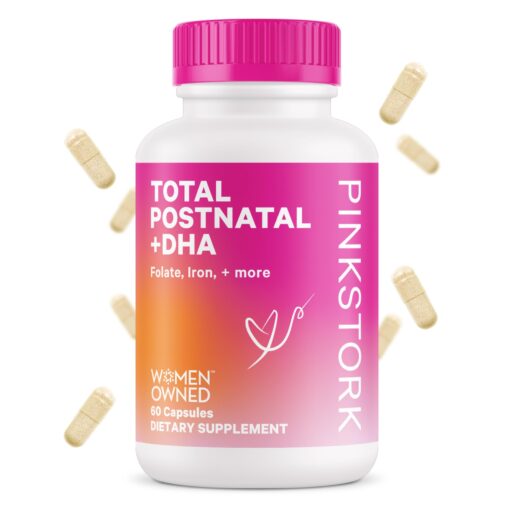 Pink Stork Total Postnatal Vitamins for Women with Vegan DHA, Iron, Folate, and Vitamin B12, Postpartum Recovery Essentials, Daily Supplement for Breastfeeding Moms - 1 Month Supply