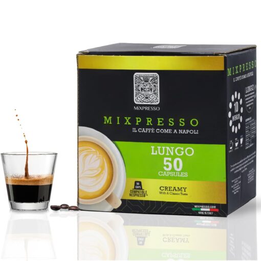 Mixpresso Espresso Coffee Capsules Compatible with Nespresso Original Line Brewers, Single-Cup Coffee Pods, 100% Italian Coffee, Lungo Strong Coffee, 50 Count Coffee Capsules 50 Count (Pack of 1)