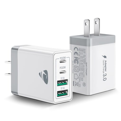 [2-Pack] USB C Wall Charger, 40W Fast USB C Charger Block, 4-Port PD Power Adapter + QC Wall Plug Multiport Type C Charging Block Cube Compatible with iPhone 15 14 13 12 11 Pro Max XR XS 8 7, Samsung white