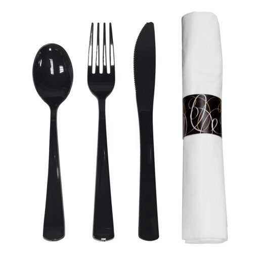 Party Essentials - N501732 Extra Heavy Duty Cutlery Kit with Black Fork/Knife/Spoon and 3-Ply White Napkin (Case of 300 rolls) 300 sets 4pcs Black Cutlery Kit 300