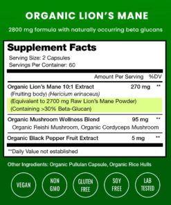 Organic Lions Mane Mushroom Supplement (2 Month Supply - 120 Count) Mental Clarity, Memory & Focus Supplement | Vegan Cordyceps & Reishi Mushroom Capsules | Supports Immune System & Brain Health 8 61uA4F8tNgL