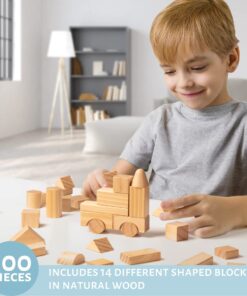 Wooden Blocks Set - 100 Pc Natural Colored Wood Building Block Toys - 100% Real Wood, 14 Different Shapes, Great Gift for Kids or Back to School Project, Indoor Activity - Build, Stack and Create 16 61uDQR1gOfL