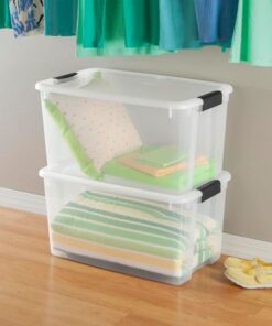 Sterilite 70 Qt Ultra Latch Box, Stackable Storage Bin with Latching Lid, Organize Clothes, Sport Gear in Basement, Clear with White Lid, 4-Pack 70 Quart 28 61uXze6Q6UL