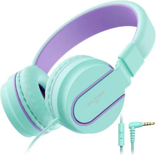 Kids Headphones, AILIHEN I35 On-Ear Headphones for School, 93dB Headphones Boy Girl, 3.5mm Wired Mic for Chromebook, Laptop (Green/Purple) Blue