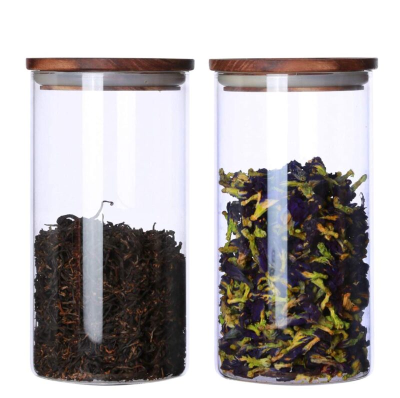KKC HOME ACCENTS Glass Canister with Wood Lid,Tea Canisters for Loose Tea,Airtight Tea Containers,Airtight Glass Container for Loose Leaf Tea,Coffee Bean,Glass Jar Wood Lid,39 Fluid-oz (1.2 Quart) 39 Floz x 2