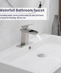 BWE Waterfall Bathroom Faucet Brushed Nickel for Sink 1 Hole Vanity Lavatory RV with Supply Hose Combo Parts Basin Commercial Single Handle Rustic Faucets Mixer Tap Lead-Free 26 61vgVmFu8L
