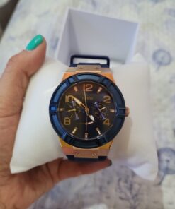 GUESS Women Stainless Steel Quartz Watch with Silicone Strap Blue/Blue/Rose Gold Tone/Blue 30 61vkv3ZPafL
