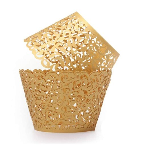 SUYEPER 100pcs Cupcake Wrappers Artistic Bake Cake Paper Cups Little Vine Lace Laser Cut Liner Baking Cup Muffin Case Trays for Wedding Party Birthday Decoration (Gold) Gold
