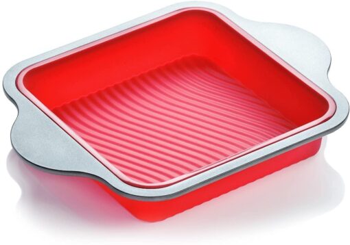 Boxiki Kitchen Non-Stick Silicone 8x8 Square Cake and Brownie Pan with Easy Grip Steel Frame Handles - Easy to Release, Oven & Dishwasher Safe Silicone Square Cake Pan (8x8)