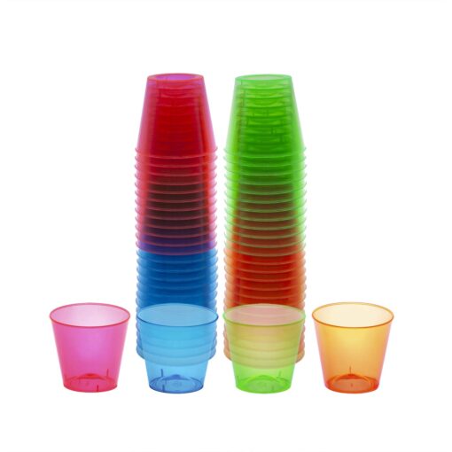 Party Essentials Hard Plastic 1-Ounce Shot Glasses, 100-Count, Multi Neon 100 Count (Pack of 1)