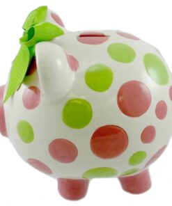 Alternative view of Burton & Burton Girls Pink & Green Circles Pig Piggy Bank Green Bow Ceramic Personalized Baby Nursery Decor