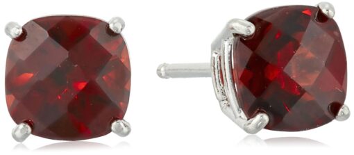 Amazon Collection 925 Sterling Silver Cushion Cut Birthstone Stud Earrings for Women Red Garnet,January 6 mm