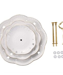 BonNoces 3-Tier Porcelain Embossed Cupcake Stand - Pure White Rimmed with Gold Dessert Cake Stand - Pastry Serving Tray Platter for Tea Party, Wedding and Birthday 25 61wycFOpnzL