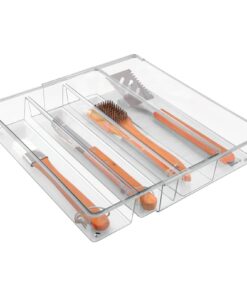 mDesign Plastic Adjustable/Expandable Divided Drawer Storage Organizer with 4 Compartments for Kitchen Pantry, Cupboard, Cabinet, Hold Silverware, Utensils, Cutlery - Ligne Collection - Clear 4 Compartment Expandable Pack of 1 26 61xFxrQyNBL