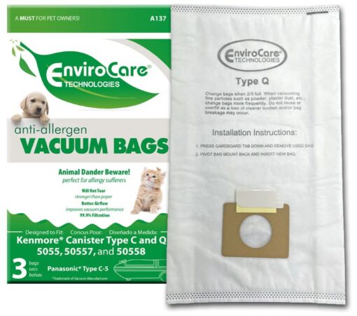 EnviroCare Replacement Allergen Vacuum Cleaner Dust Bags designed to fit Kenmore Canister Type C or Q 50555, 50558, 50557 and Panasonic Type C-5 3 pack