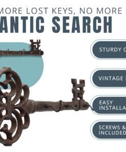 Alternative view of Comfify Key Holder for Wall - Cast Iron Skeleton Key - Decorative Farmhouse Rustic Wall Mount Key Organizer - 3 Key Hooks - Vintage Key Rack for Entryway with Screws & Anchors – 10.8 x 4.7 Brown