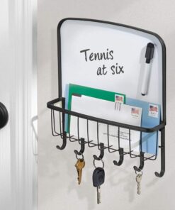 Alternative view of mDesign Metal Wall Mount Entryway Storage Organizer Mail Basket with Dry Erase Board, 6 Hooks - Holder for Letters, Magazines, Keys, Coats, Leashes - Strong Steel Wire Design - Matte Black