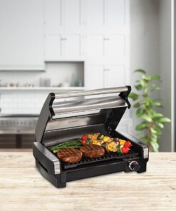 Hamilton Beach Electric Indoor Searing Grill with Viewing Window & Adjustable Temperature Control to 450F, 118 sq. in. Surface Serves 6, Removable Nonstick Grate, Stainless Steel Searing Grill with Window 57 61y1DIC5iL 1