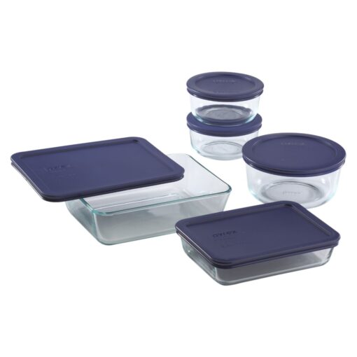 Pyrex Simply Store 10-Pc Glass Food Storage Container Set with Lid, 6-Cup, 3-Cup, 4-Cup & 2-Cup Round & Rectangular Meal Prep Containers , BPA-Free Lid, Dishwasher, Microwave and Freezer Safe,Blue 10 PC Set (Blue)