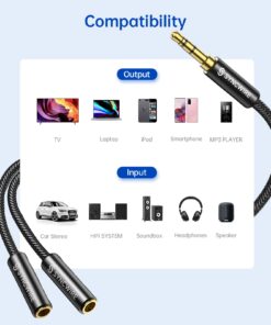 Syncwire Headphone Splitter, Nylon-Braided Extension Cable Audio Stereo Y Splitter (Hi-Fi Sound), 3.5mm Male To 2 Ports 3.5mm Female Headset Splitter for Phone, PS4, Switch, Tablets & More Black 34 61ylmMmVizL 1