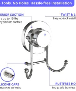 HOME SO Suction Cup Hooks for Shower, Bathroom, Kitchen, Glass Door, Mirror, Tile – Loofah, Towel, Coat, Bath Robe Hook Holder for Hanging up to 15 lbs – Rustproof Chrome Stainless Steel (1-Pack) 1 21 61zk2tQC4bL