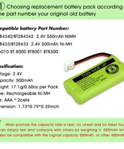 iMah BT18433/BT28433 2.4V 500mAh Ni-MH Cordless Phone Battery, Also Compatible with AT&T BT184342/BT284342 BT8300 BT1011 BT1018 BT1022 BT1031 2SN-AAA55H-S-J1 CS6120 CS6209 CL80109 EL52419, 2-Pack BT18433/BT28433, 2-Pack 11 61zsp2JlDYL