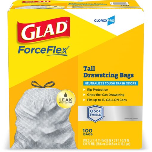 Glad ForceFlex Tall Kitchen Drawstring Trash Bags, Clorox 13 Gallon Trash Bags for Tall Trash Can, Industrial Cleaning, Unscented, 100 Count - 70427 100 Count (Pack of 1)