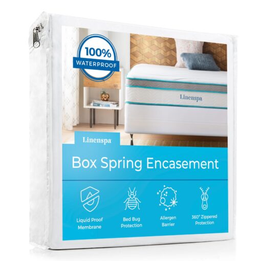 Linenspa Box Spring Encasement Queen, Complete Protection with Zipper, Waterproof Box Spring Protector Queen, White 10" Depth