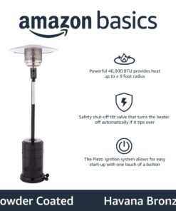 Amazon Basics 46,000 BTU Outdoor Propane Patio Heater with Wheels, Commercial & Residential, Havana Bronze, 32.1 x 32.1 x 91.3 inches (LxWxH) Powder Coated 27 71 JXbd2hnL