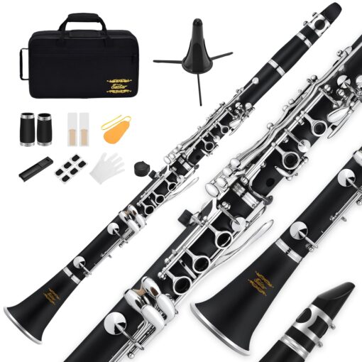 Eastar B Flat Clarinet for Beginner, Ebonite Clarinet Nickel-plated with 2 Barrels, 3 Reeds, White Gloves, Hard Case, Cleaning Kt, ECL-300 Nickel keys, Student style