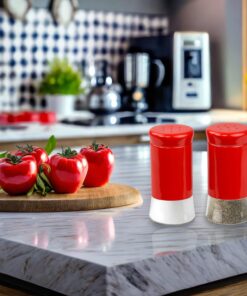 Retro-Styled Stainless Steel Salt and Pepper Shakers (Red), By Home Basics | 2 Piece Shakers for Salt, Pepper, Cumin, Cinnamon, Paprika, and More | With See-Through Glass Bases Red 1 of Each 20 71 WBfztkbL