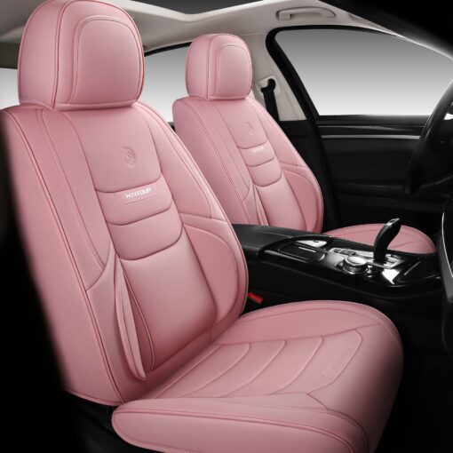 HAITOUR Full Coverage Leather Car Seat Covers Full Set Universal Fit for Most Cars Sedans Trucks SUVs with Waterproof Leatherette in Automotive Seat Cover Accessories (Full Set, Pink)