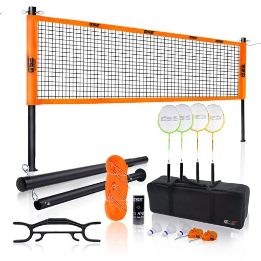 GSE Outdoor Portable Badminton Complete Net Set for Backyard Lawn, Beach, Park with Family & Friends. Including Badminton Net System, 4 Badminton Rackets, 3 Shuttlecocks and Carrying Bag Professional Badminton Set