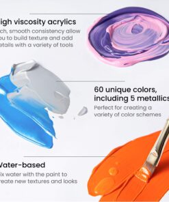 ARTEZA Acrylic Paint, Set of 60 Colors, 0.74 oz/22 ml Tubes, includes 5 Metallic Colors, Rich Pigments, Non-Fading, Non-Toxic Paints for Artist & Hobby Painters, Art Supplies for Painting 60 x 22ml (0.74 fl oz) 31 71 qs1tgxzL