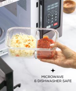 JoyJolt Divided Food Storage Containers with Lids Airtight. 5 Pack Glass Meal Prep Containers 2 Compartment Set Glass Bento Box. Reusable Food Containers, Portion Control Containers for Weight Loss Gray 34 71 urGxugKL