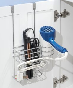 mDesign Metal Bathroom 2 Section Storage Tool Organizer Basket Tray - Hang Over Cabinet Door - Storage for Hair Dryer, Straightener, Curling Iron, Styling Products - Concerto Collection - Chrome 20 7103CDF0JML