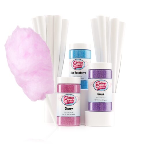 Cotton Candy Express Floss Sugar Variety Pack with 3 - 11oz Plastic Jars of Cherry, Blue Raspberry & Grape Flossing Sugars Plus 50 Paper Cotton Candy Cones Cherry, Grape, Blue Raspberry