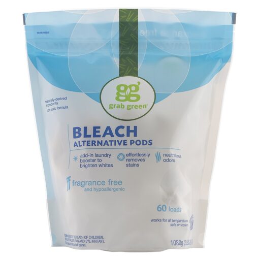 Grab Green Bleach Alternative Pods, 60 Count, Chlorine Free, Fragrance Free, Plant and Mineral Based, Laundry Booster to Brighten Whites, Removes Stains, Neutralizes Odors 60 Count (Pack of 1)