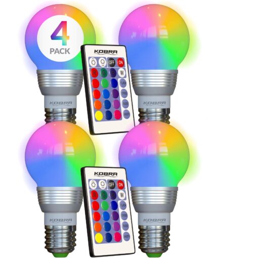 Kobra LED Color Changing Light Bulb with Remote Control (4-Pack) - 16 Different Color Choices Smooth, Fade, Flash or Strobe Mode - Smart Remote Lightbulb - RGB & Multi Colored 4 Count (Pack of 1)