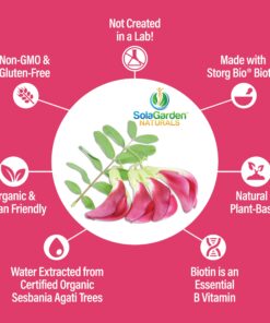 Whole Food Biotin Supplement - Contains Certified Organic Plant Based Biotin from Sesbania Agati Trees - by SolaGarden Naturals. May Support Hair, Skin and Nails. 60 Non GMO Veggie Capsules. 16 710NJchuNLL