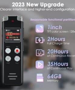 64GB Digital Voice Recorder Voice Activated Recorder with Playback - Upgraded Tape Recorder for Lectures, Meetings, Interviews, Audio Recorder USB Charge, MP3 27 710OQCyx cL