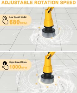 2 Battery Electric Spin Scrubber, 1000RPM Cordless Cleaning Brush Waterproof with 20V Power Supplied, Adjustable Extension Arm, 4 Replaceable Cleaning Heads, Hook, Gloves - for Tub/Tile/Wall/Floor Yellow-2 Batteries 19 710npBBglHL