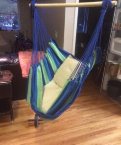 Hammock Sky Large Brazilian Hammock Chair Cotton Weave - Extra Long Bed - Hanging Chair for Yard, Bedroom, Porch, Indoor/Outdoor (Blue & Green) Blue & Green (Not Include Hanging Kit) 46 710q6XUIKwL 1
