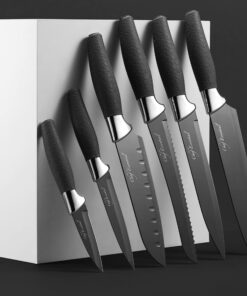 Chef Essential Carbon Steel Culinary Knife Set – 6-Piece Sharp Knife Set – Meat, Veggie, Bread Knife Set – Nonstick Chef Knife Cooking Knives – Professional Sharp Kitchen Knife Set Without Block Solid Black Set 21 710z8eZDmqL