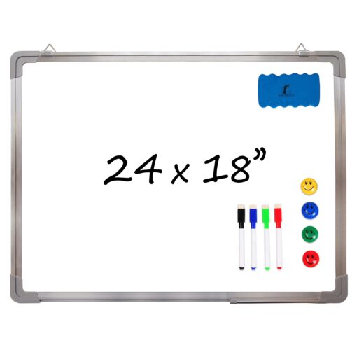 Whiteboard Set - Dry Erase Board 24 x 18" with 1 Magnetic Dry Eraser, 4 Dry Wipe Markers and 4 Magnets - Small White Hanging Message Scoreboard for Home Office School (24x18" Landscape) 24x18" Landscape