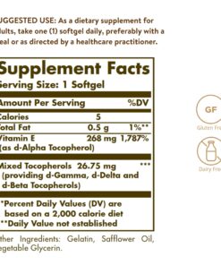Solgar Vitamin E 268 MG (400 IU) (d-Alpha Tocopherol & Mixed Tocopherols), 100 Softgels - Supports Immune System & Skin Nutrition - Natural Antioxidant - Gluten Free, Dairy Free - 100 Servings 100 Count (Pack of 1) 24 71107Z6d5L
