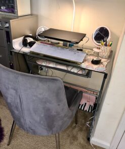 Walker Edison Metal and Glass Work From Home Laptop Computer Gaming Desk with Slide In Keyboard Tray Home Office, 31 Inch, Silver Single Desk Stanford 52 711BjU3v9GL