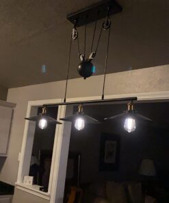 WINSOON 3 Light Industrial Pendant Light, Pulley Pool Table Light Fixture Billiard Light, Retro Steampunk Hanging Lamp, Adjustable Vintage Kitchen Island 3-Head Lights, Matte Black Painted 3 Pack 30 711FvWBuWL