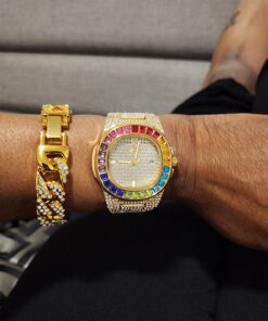 FANMIS Luxury Bling-ed Out Colorful Full Diamond Watches Fashion Quartz Analog Stainless Steel Band Bracelet Wrist Watch Gold 22 711UfB3YixL